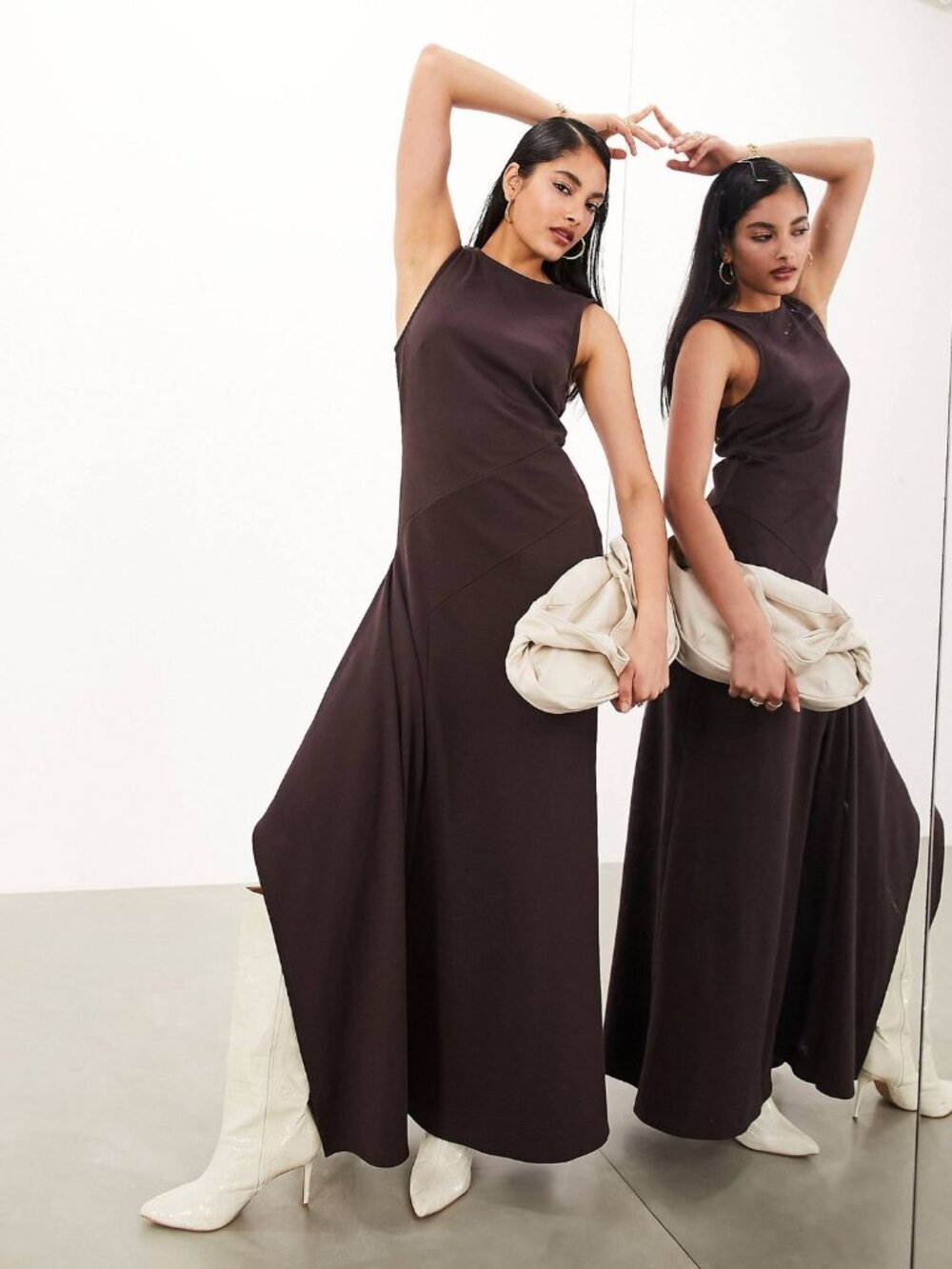 NWT ASOS EDITION Premium Jersey Asymmetric Hem Maxi Dress Brown Sz 4